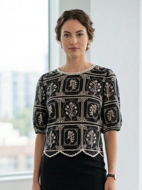 Solitaire Black and White Embroidered Boxy Short Sleeve Top